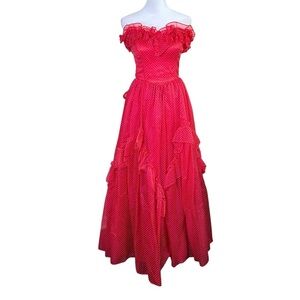 VTG 80s Gunne Sax Jessica McClintock Red Polka Dot Strapless Dress Full Maxi XS